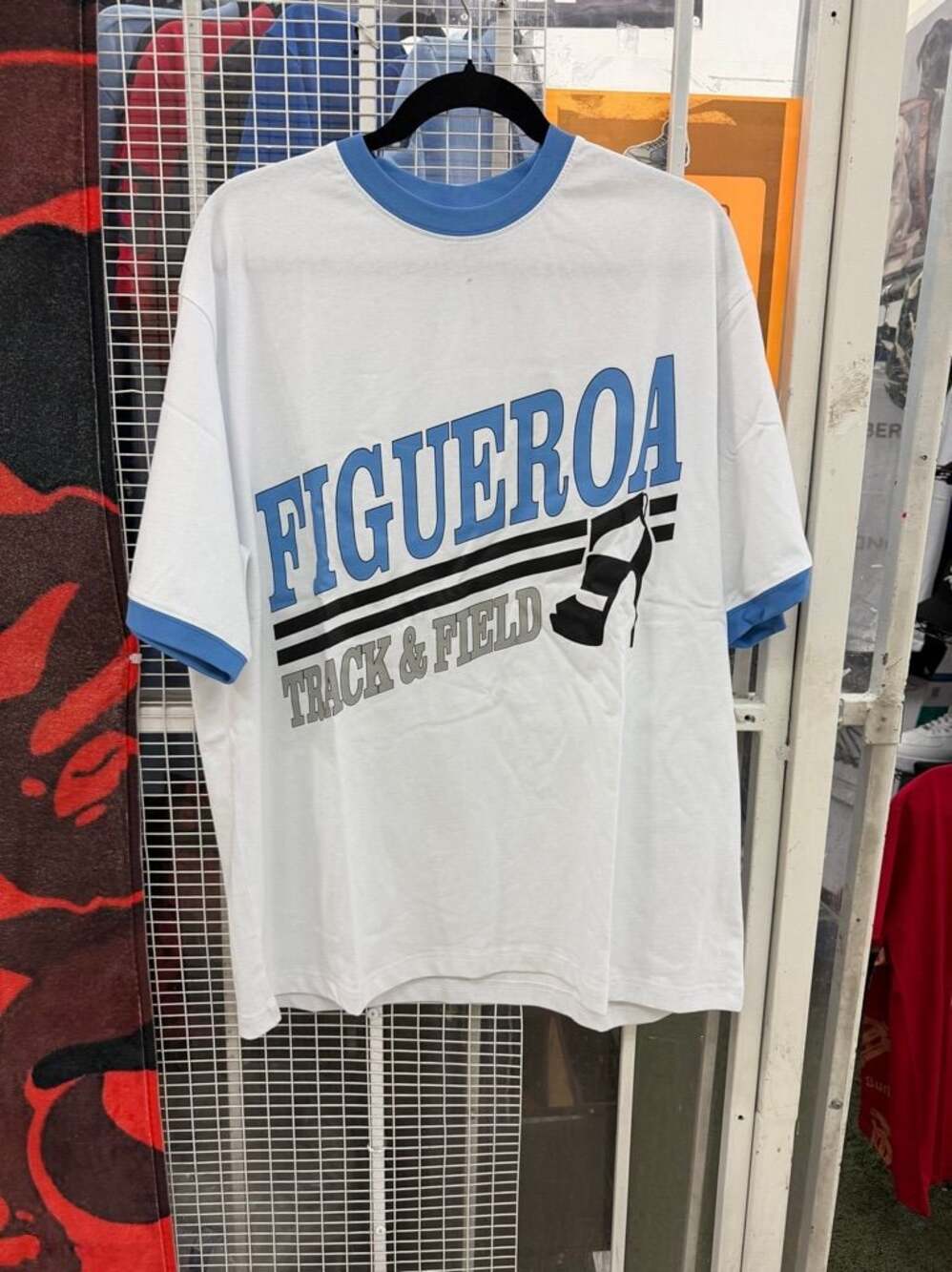 Figueroa Track & Field Ringer T-Shirt White Blue Graphic Tee